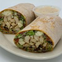 Chicken Greek Wrap · grilled chicken, lettuce, tomato, cucumber, peppers, onions and feta cheese with a house dre...