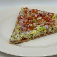 Salad Pizza · Chopped Iceberg Lettuce, Tomatoes,  Red Onions & Tomato sauce topped w/ House Italian dressi...