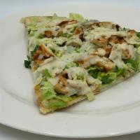 Chicken Caesar Salad Pizza · Crisp Romaine Lettuce, Shaved Parmesan & Grilled Chicken topped w/ Caesar dressing.