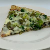 Vegetable Pizza · Fresh Mushrooms, Green Peppers, Sauteed Onions, Fresh Broccoli, Sauteed Spinach, Sliced Blac...