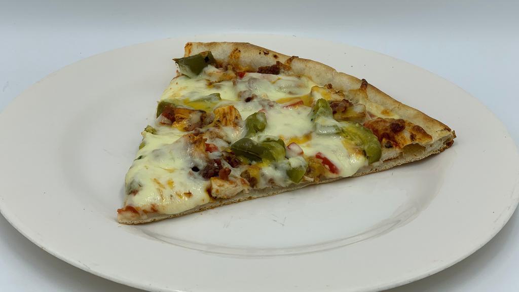 Alamo Pizza · Grilled Chicken, Bacon, Roasted Peppers, Green Peppers, Mozzarella & American Cheese.
