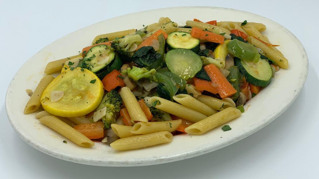 Pasta Primavera · Penne pasta sauteed w/ Fresh Broccoli, Fresh Spinach,  Zucchini,  Mushrooms, Carrots, Onions & String Beans in a pink sauce.