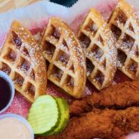 Combo #4 - Chicken & Waffles · Served with pickles, syrup, and a side of Twinz sauce.