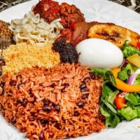 Waakye · Rice and beans served with tomato stew, Assorted meats, fish, shito, Gari, spaghetti, sweet ...
