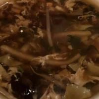 Hot & Sour Soup · Spicier dish. Shredded carrot, bamboo shoot and black mushroom, bean spout, soy sauce, vineg...