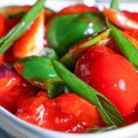 Shrimp In Hot Garlic Sauce · Spiciest dish. Shrimp, garlic, onion, chili paste, tomato puree.