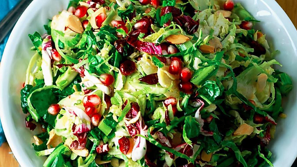 Pomegranate Brussels Sprouts · gluten free
Shredded brussel sprouts, pomegranate seeds, raisins, shallot dressing