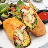 Chicken-Less Wrap · w/ greens, tomato, avocado, quinoa, roasted red peppers, vegan cheddar, vegan chipotle mayo
...