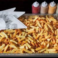 Pommes Frites Party Platter · Serve 10 people. 
Frites, Three 12oz Special Sauces, One 12oz Free Sauce, & One 12oz Garnish