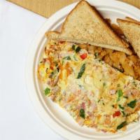 2 Eggs Any Style With Corned Beef Hash · Served with potatoes and toast.