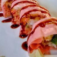 Angel Dragon Roll · Seared tuna, asparagus and radish sprouts inside, with fresh tuna, eel and avocado outside, ...