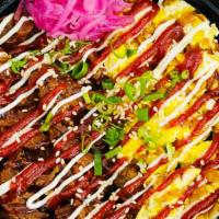 Spicy Pork Mayo · Spicy Braised Pork, 2 Scrambled Eggs, Pickled Onion, Teriyaki Sauce, Gochujang and Mayo over...