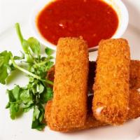 Fried Mozzarella Sticks · Popular menu item. Solid gold cheese sticks made of savory mozzarella cheese, served with a ...