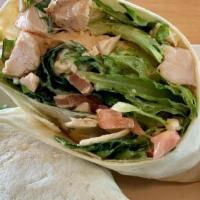 Midwest Blt Wrap · Fire grilled chicken breast, bacon, greens, tomatoes, shredded mozzarella, roasted garlic ai...