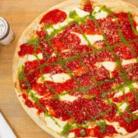 Margherita Pizza · Fresh Mozzarella, whole peeled tomato, marinara sauce, pecorino romano grated cheese, and pe...
