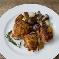 Braised Natural Free Range Half-Chicken · Mushrooms, pearl onions, artichoke, white wine sauce. Served with side of spinach