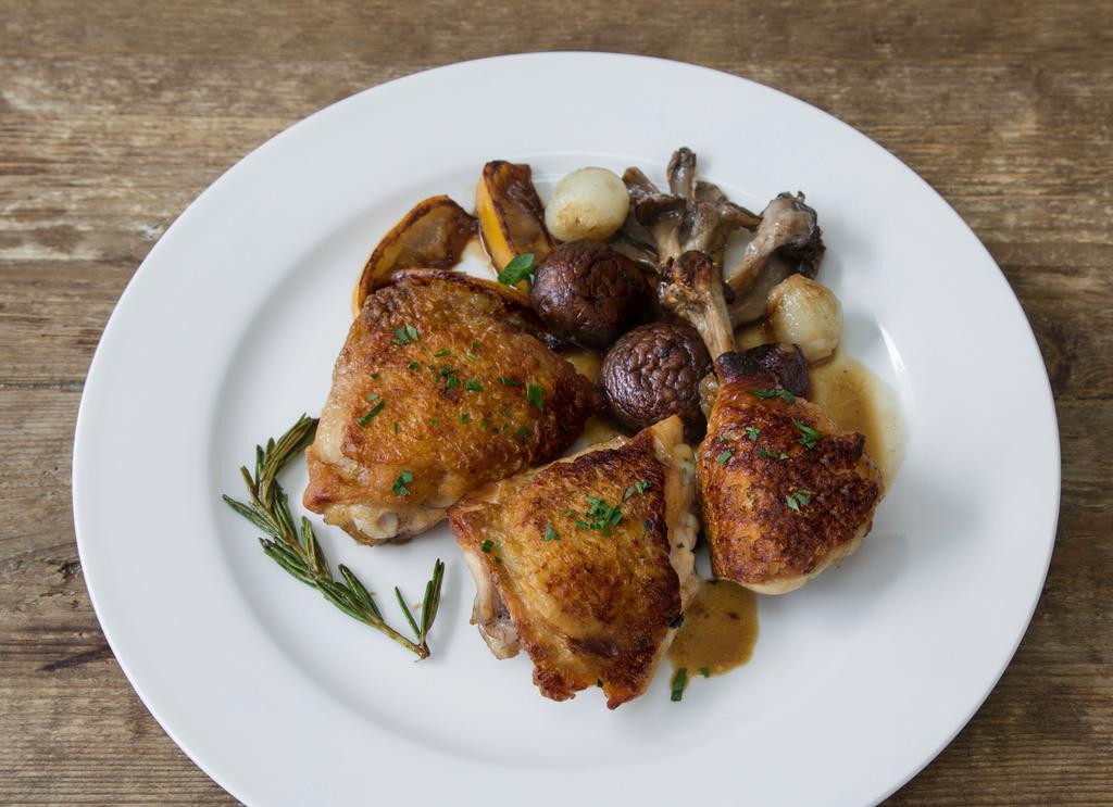 Braised Natural Free Range Half-Chicken · Mushrooms, pearl onions, artichoke, white wine sauce. Served with side of spinach