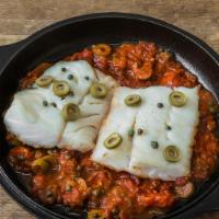 Cod Fish Filet · Fresh tomato sauce, green olive, oregano, extra virgin olive oil. Served with side of steame...
