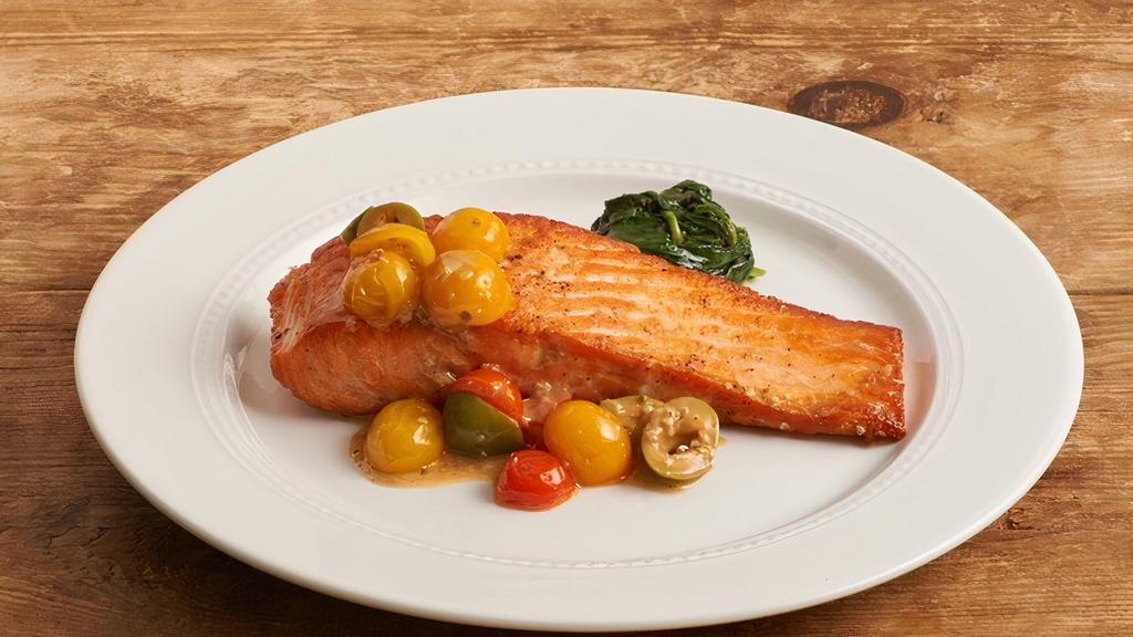 Pan Seared Atlantic Salmon · Pan seared, green olives, tomato, artichoke, and white wine sauce. Served with mixed vegetables and potatoes.