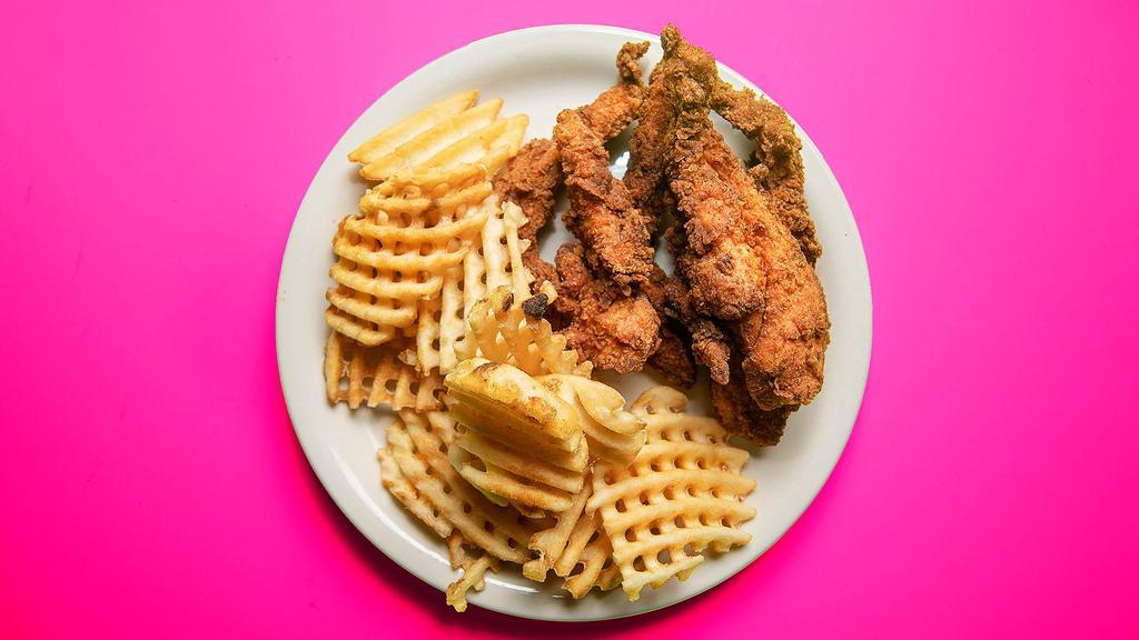 Chicken Tender Plate · Most popular. With waffles fries.
