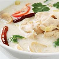 Tom Kha Chicken Soup · Coconut milk soup with chicken mushroom, scallion and cilantro.