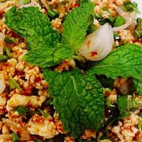 Larb Chicken Salad · Ground chicken or beef, scallion, Thai herbs, toasted rice powder, lime, red onion and mint.