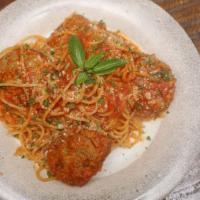 Spaghetti With Homemade Meatballs · Our famous huge, homemade beef meatballs in our classic marinara sauce.