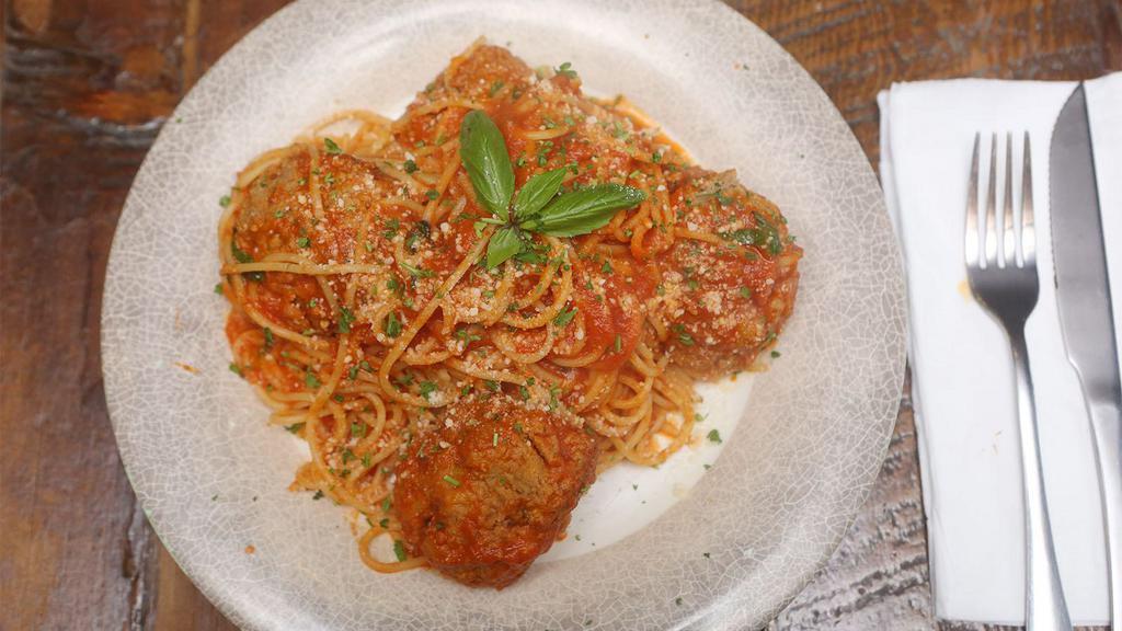 Spaghetti With Homemade Meatballs · Our famous huge, homemade beef meatballs in our classic marinara sauce.