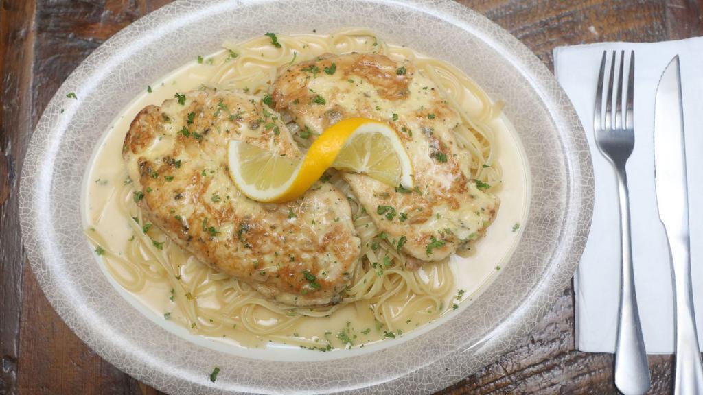 Chicken Francese · Chicken breast egg battered, sautéed in lemon butter and white wine sauce. Served with side salad or pasta.