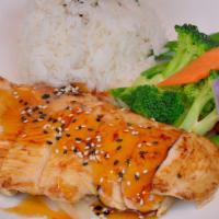 Chicken Teriyaki · Served with california roll shumai seafood tempura white rice and miso soup or salad.