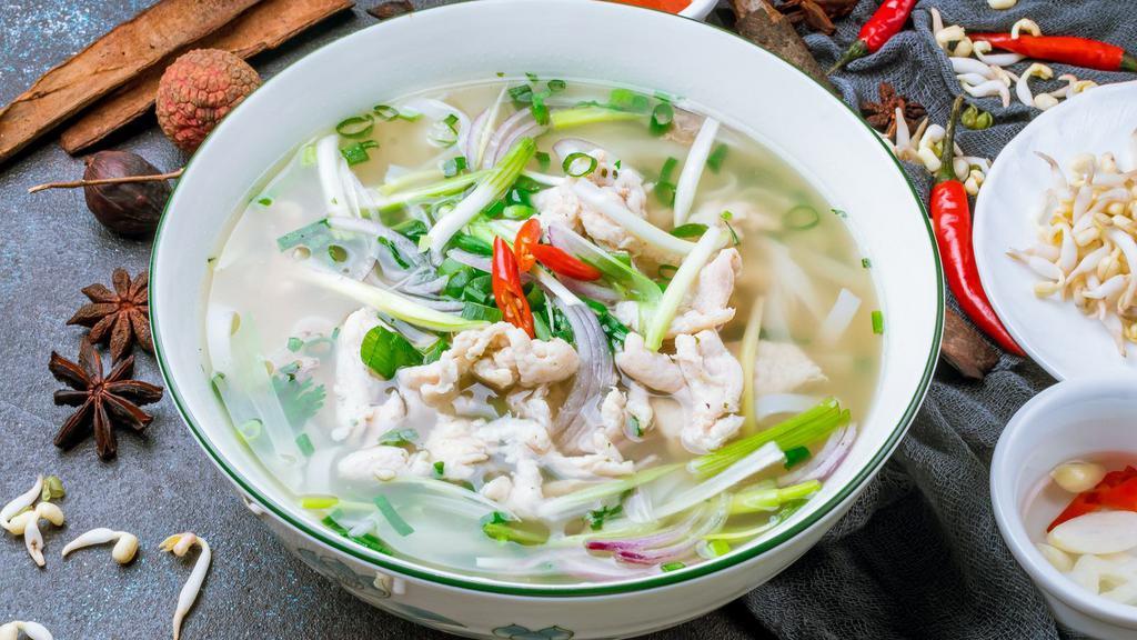 Pho Bo Chicken · Traditional Vietnamese soup with hearty chicken along with noodles, locally grown veggies, and spices in a flavorful beef broth.
