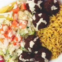 Falafel Plate (Vegetarian) · Finely ground chickpeas, onions, parsley, garlic, and spices, deep-fried; served over a choi...