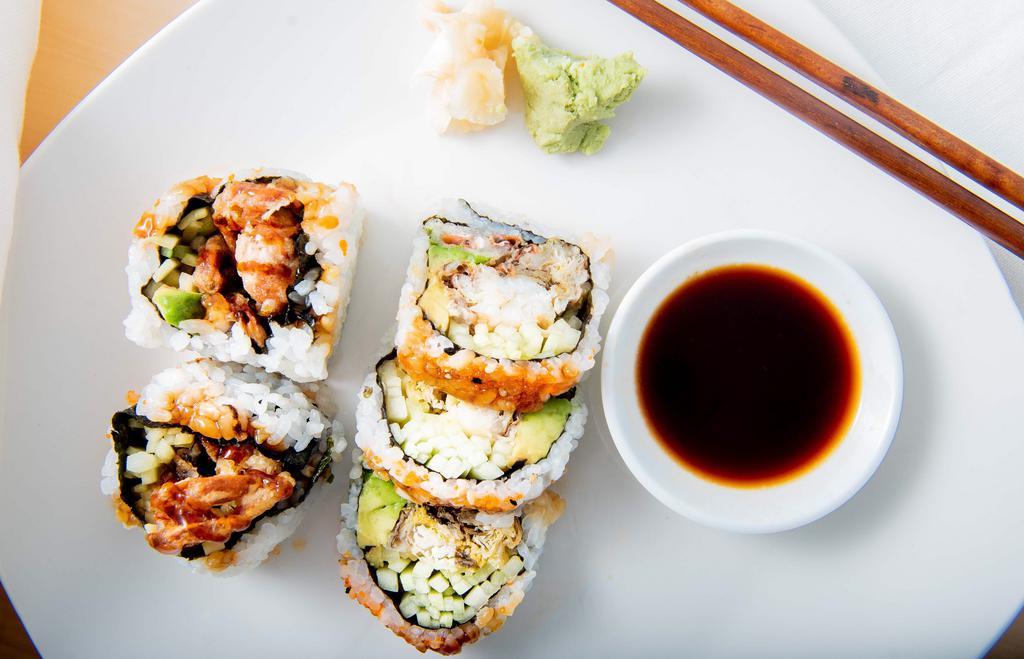 Spider Roll · Fried soft shell crab, avocado, cucumber and tobiko.