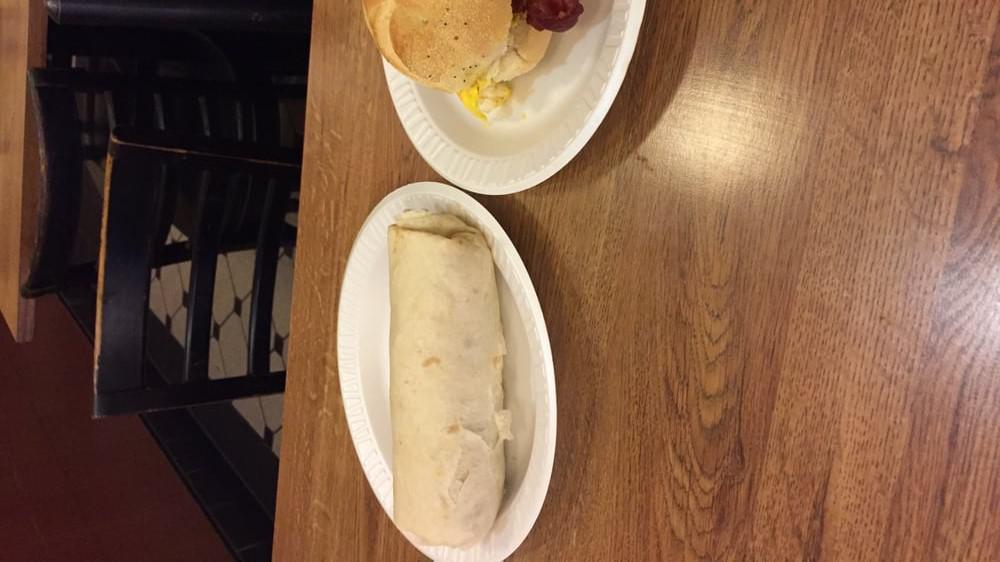Spanish Burrito · Eggs, ham, peppers, onions, potatoes, and Cheddar cheese.