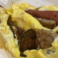 Meat Lovers Omelette Platter · Ham, bacon, Taylor ham, and sausage.