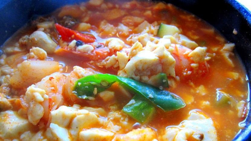 Soft Tofu Stew (순두부 찌개) · Spicy stew of soft tofu, red chili paste, vegetables with choice of meat.