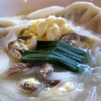 Rice Cake/Dumpling Soup (떡만두국) · rice cake and home made beef dumplings in beef broth with cellophane noodles 
(available veg...