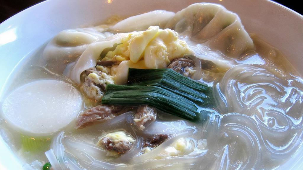 Rice Cake/Dumpling Soup (떡만두국) · rice cake and home made beef dumplings in beef broth with cellophane noodles 
(available veggie dumpling)