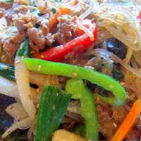 Japchae (잡채) · cellophane noodles stir-fried with thinly sliced beef and assorted vegetables