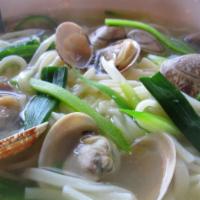 Clam Noodle Soup(조개 칼국수) · wheat noodles in a clam vegetables broth