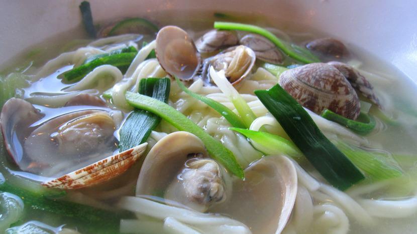 Clam Noodle Soup(조개 칼국수) · wheat noodles in a clam vegetables broth