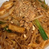 Pad Thai · rice noodles stir-fried with chicken or shrimp, egg, bean sprouts , assorted vegetables & pe...