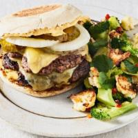 Burger · Two 4oz patties with onion pickles white cheddar and dijonnaise on an english muffin served ...