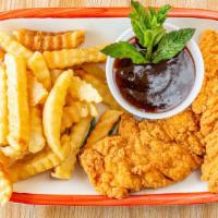 Cluck U Chicken Tenders · Breaded and fried chicken strips.