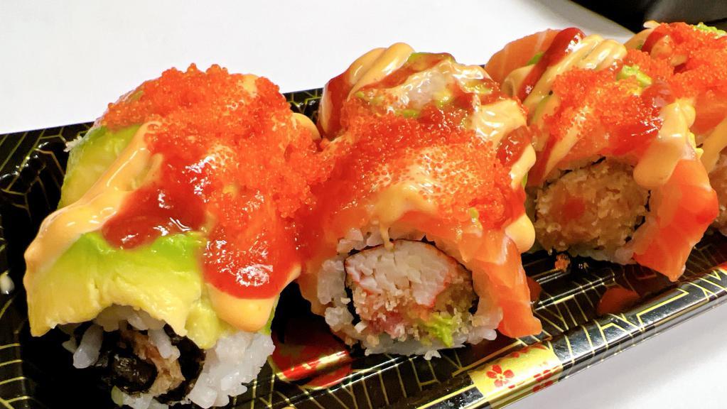 Firework Roll · Spicy tuna, spicy salmon, spicy crabmeat top with salmon, avocado, masago.