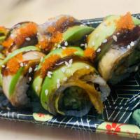 Dragon Roll · Shrimp tempura and cucumber top with eel avocado, masago, sesame seed.