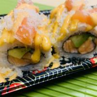 Salmon Lover · Deep fried roll with salmon, avocado, top with chunks of spicy salmon.
