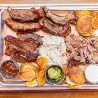 Combo Meat Platter (3) · Pick 3 meats (1/3lb per portion) Includes: rolls, homemade pickles, BBQ sauce, cornbread