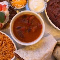 Combo Mexican Platter  · Burrito, Taco, and Hatch Green Chile Relleno — one of each