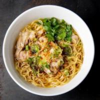 Chicken Wonton Noodles · Chicken wontons, crispy shallots, cilantro, scallions, ramen noodles and Black Garlic Butter...